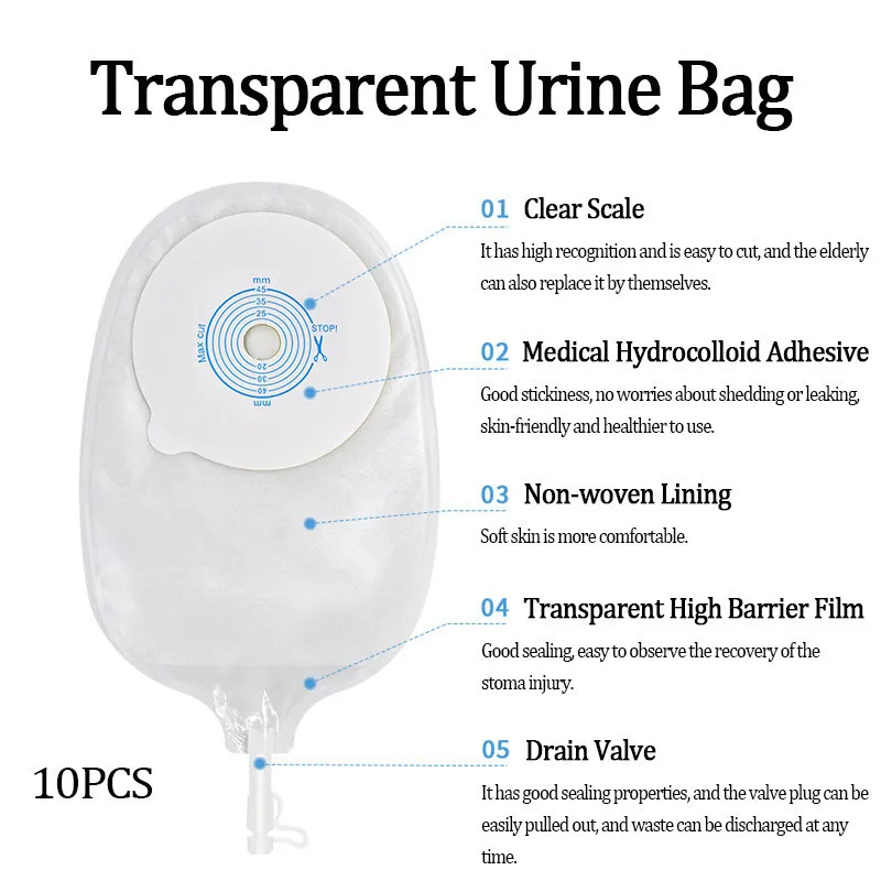 10PcsTransparent One-Piece Urostomy Pocket Clear Urine Collection Bag  Comfortable Ostomy Care Bag 15-45mm