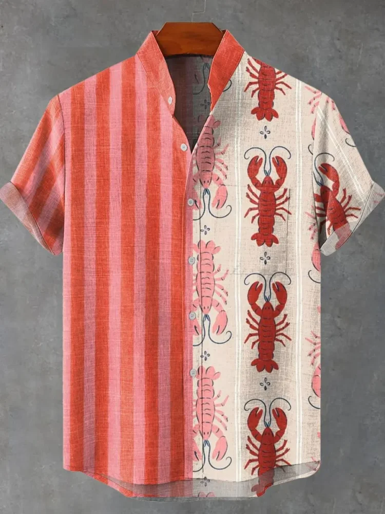 

Men's Summer Comfortable Breathable Fashion Button Tops Casual Art Lobster Pattern Printed Linen Short Sleeve Men's Shirt