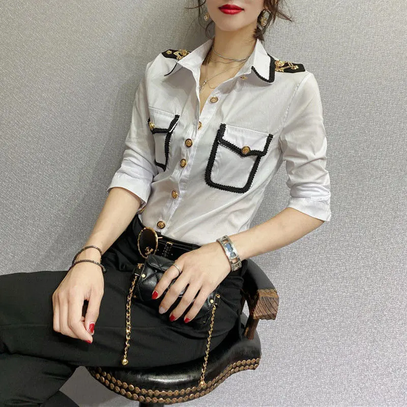 Streetwear Fashion Epaulet Shirt Spring Autumn Chic Single-breasted Women\'s Clothing Solid Color Bright Line Decoration Blouse