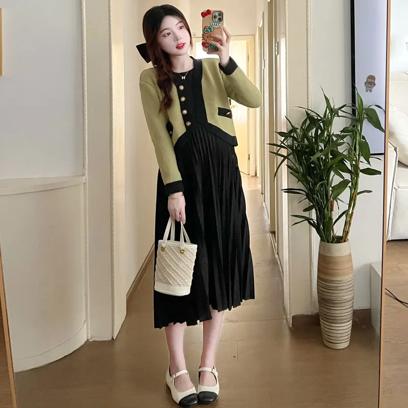 Winter Korean Style Pregnancy Knitted Cardigan+Slimming Pleated Nursing Dress Two Pieces Set Maternity Breastfeeding Clothes Set