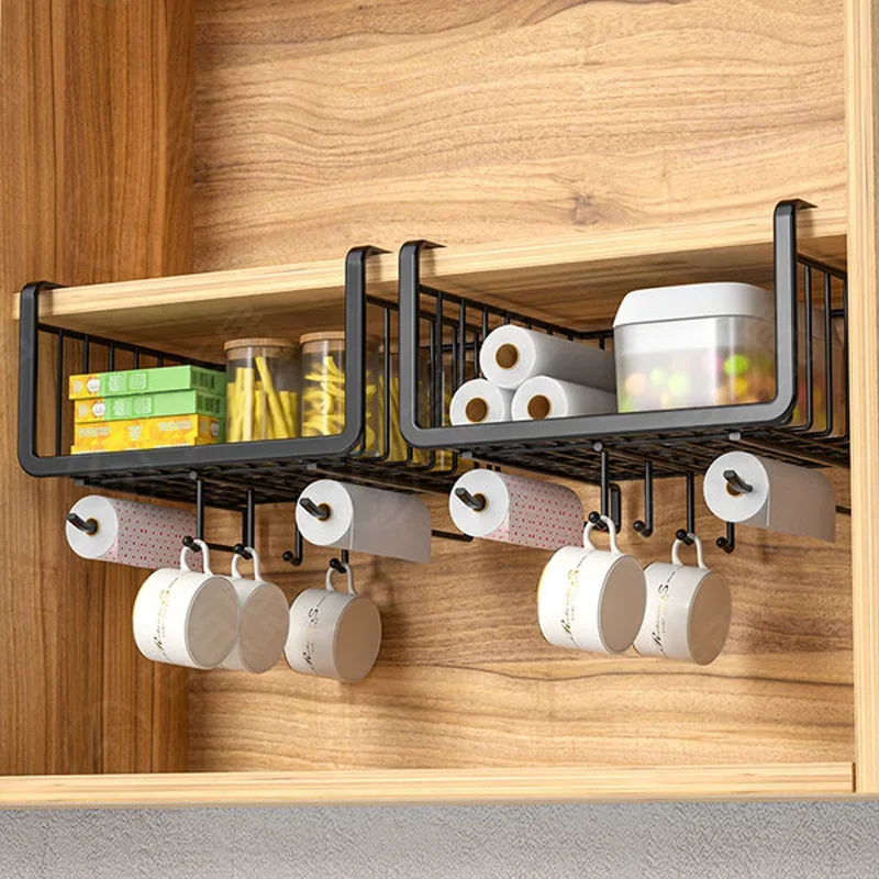 

Multifunction Kitchen Under Cabinet Hanging Storage Basket Spice Rack with Cup Utensils Roll Holder Metal Wire Shelf Organizer