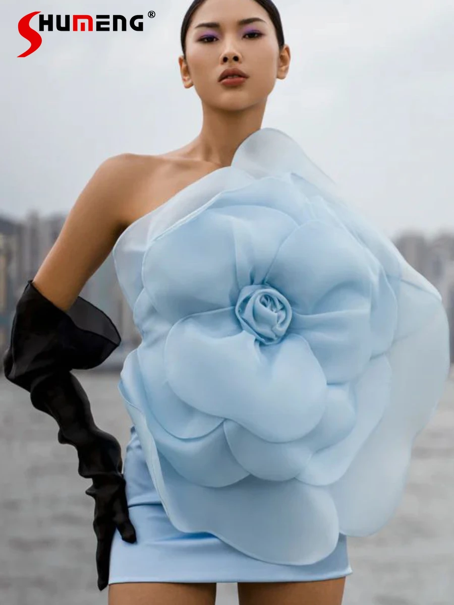 

Solid Color High-End Three-Dimensional Large Flower Dresses Oblique Shoulder Sleeveless Tube Top Dress Slimming Hip Bag Dresses