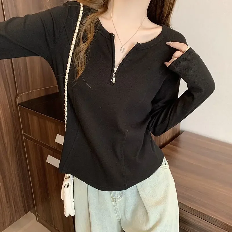 Nice Femme Spring Summer Casual Fashion Zipper Solid Color Pullove Women Clothing Trend Fashionable All-match Drawstring Long Sl
