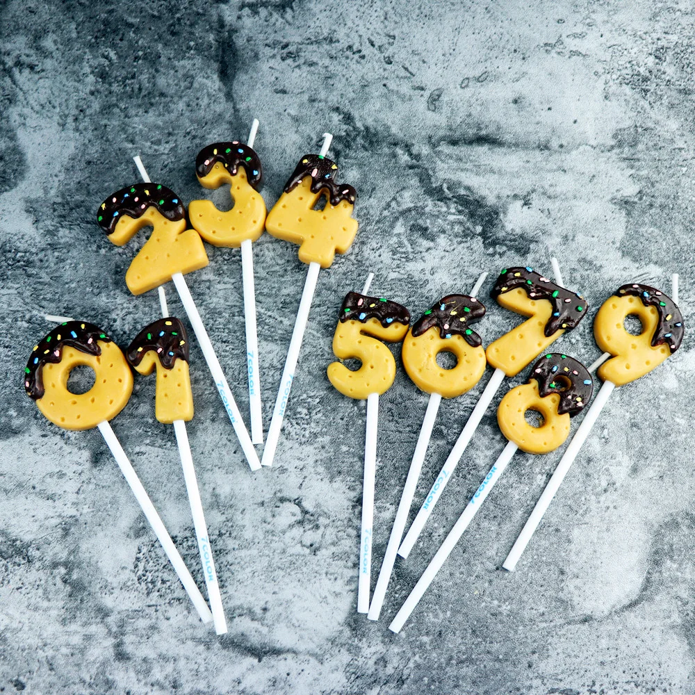 

1pc Sweet Chocolate Biscuits Donut Digital Candles For Cake Topper 0-9 Number Wishing Gradient Party Baking Supplies