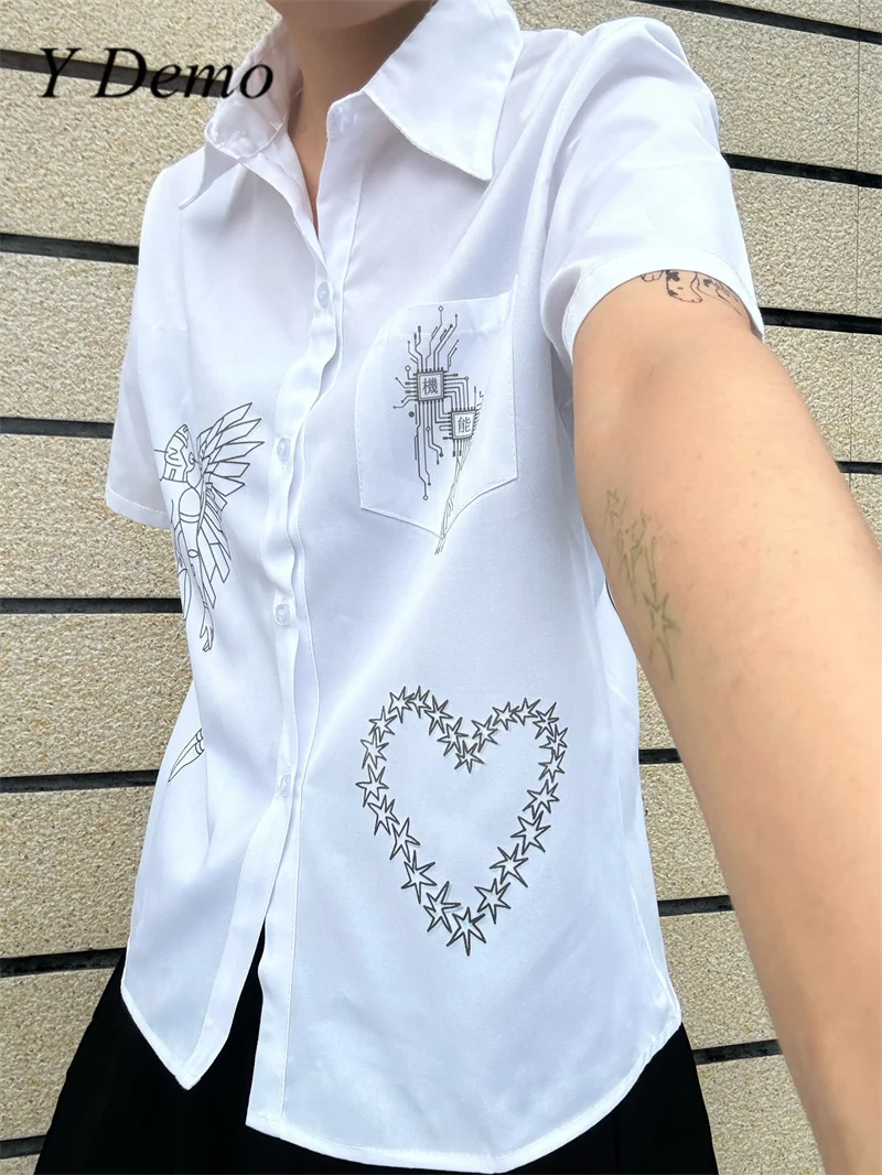 Y 데모 Techwear 날개 인쇄 여성 반팔 티셔츠 로봇 하트 화이트 싱글 브레스트 셔츠