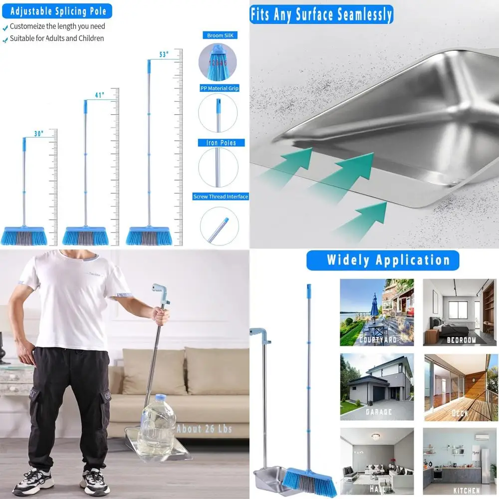 

Long-Handled Broom & Metal Dustpan Set, 52 Sweeping Tool with 38 Pan for Home, Kitchen, Garage, and Office