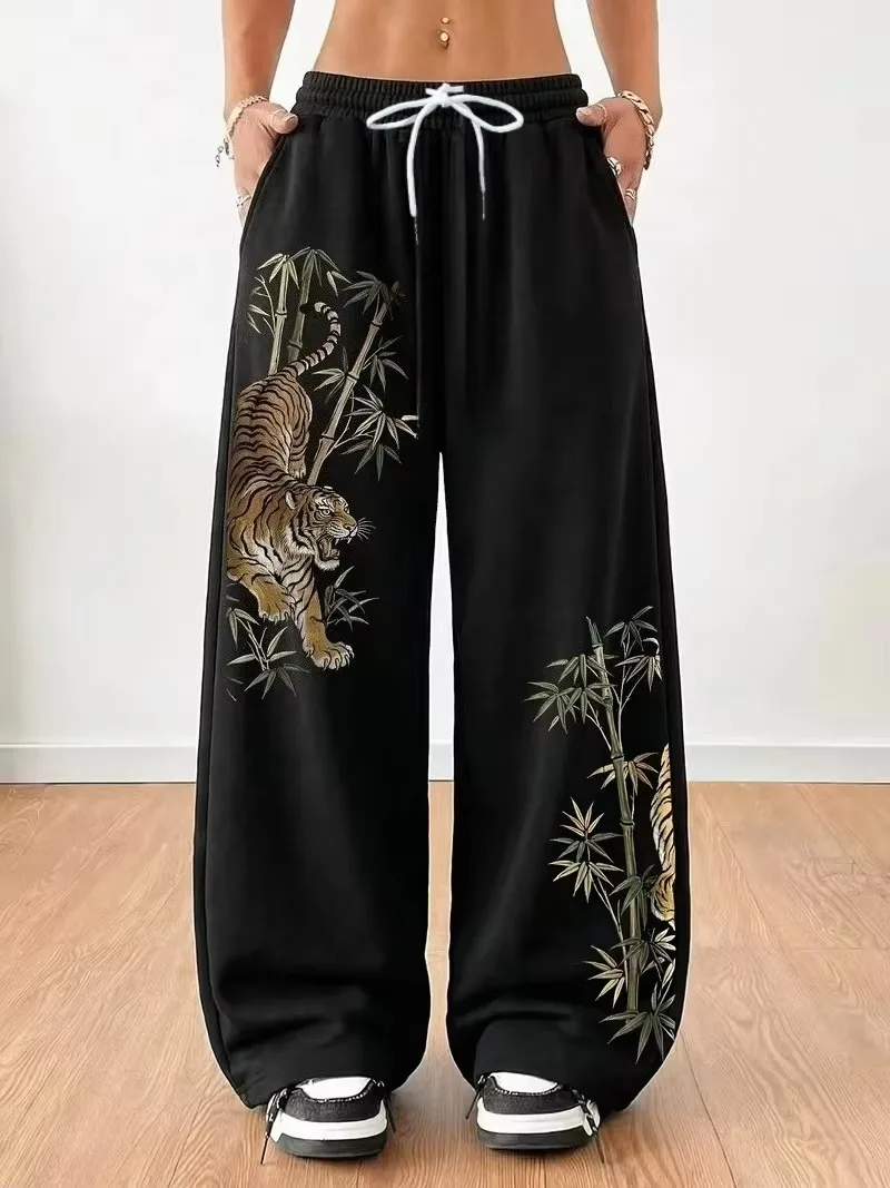 Men Women Straight Leg Quick Dry Trousers 3D Print Tiger and Bamboo Pattern Loose Streetwear Elastic Waist Sport Long Pants Kids