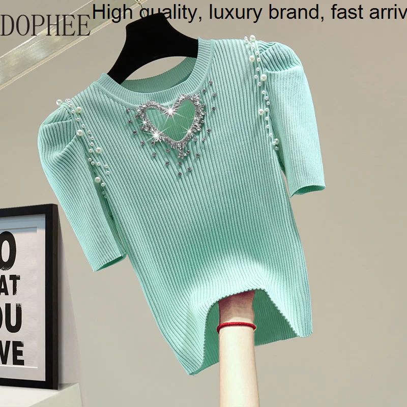 Love Diamond Cutout Puff Short Sleeve T-shirt 2023 New Summer High Waist Solid Knitted Top Pullovers Slimming Women Thin Sweater