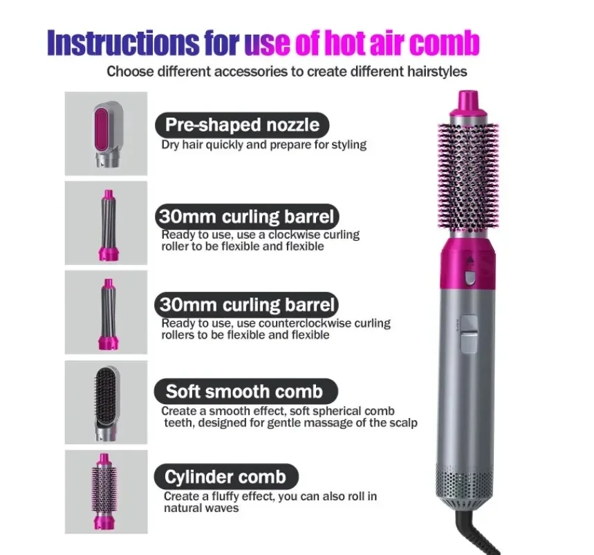 5 In 1 Styling Hair Dryer Electric Comb Negative Ion Professional Automatic Comb Curly Hair Straight Hair Comb Styling Tool