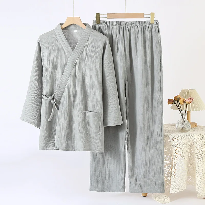 زوجين كيمونو الجلباب مع السراويل الطويلة 2 قطعة منامة مجموعة القطن سبعة أرباع كم السراويل الطويلة ملابس المنزل ملابس فضفاضة المناسب