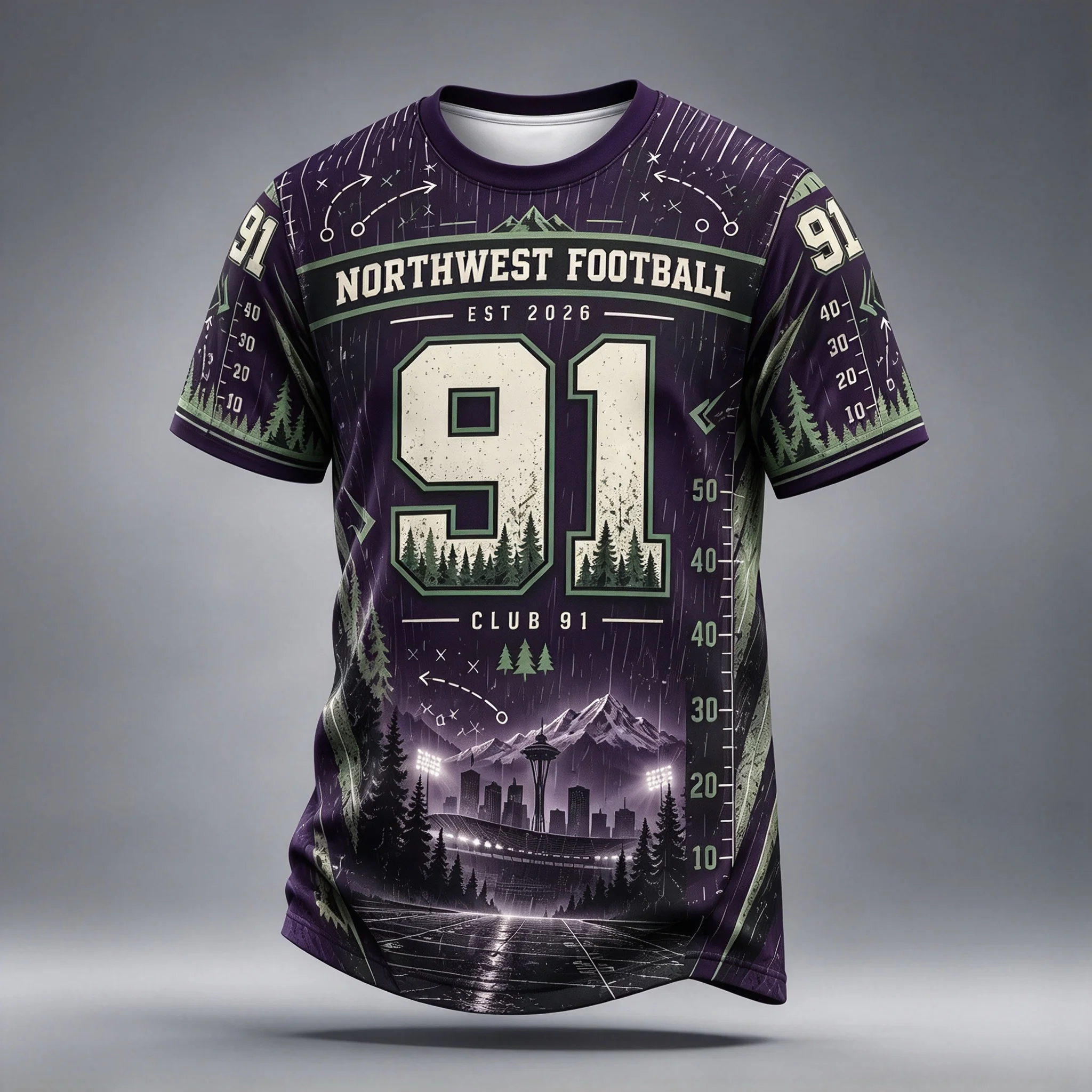 Football No.91 CLUB91 Theme Men Crew Neck T‑Shirt Urban Mountain Forest Graphic American Sports Style Fashion Multi‑Color Tee