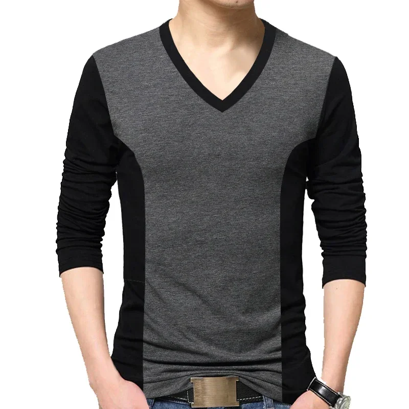 BROWON Fashion Men T-shirt Color Patchwork Design Tee Shirt Homme Cotton Long Sleeve T Shirt Men V-neck Tshirt Homme