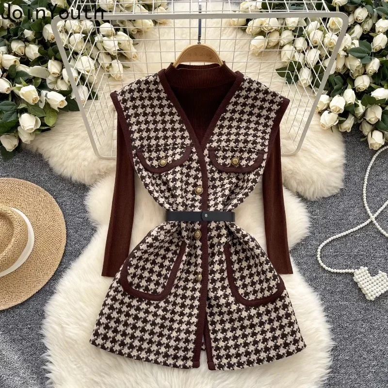 Roupas Femme Temperament 2 Piece Sets Women\'s Clothing V-neck Slim Waist Plaid Vest Coat Knitted Pullovers Outfits Korean Suit