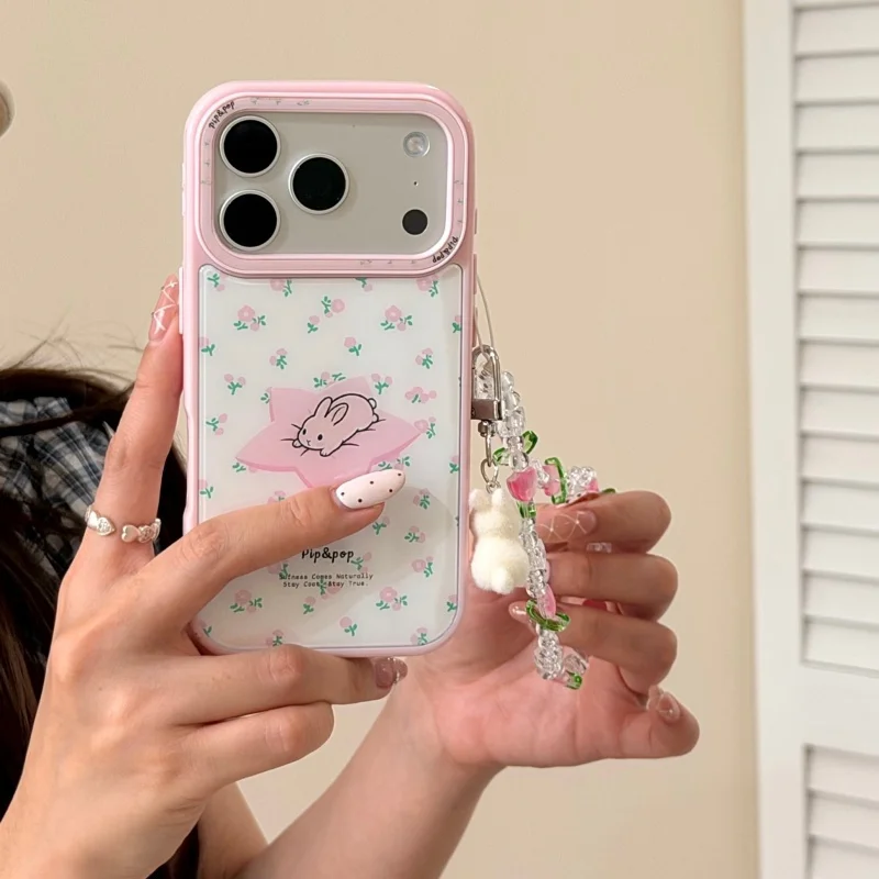 

Korean Flower Painting Cute Rabbit Phone Case For iPhone 17 Pro 16 15 Pro Max Back Cover with Chain Shockproof Protective Cases