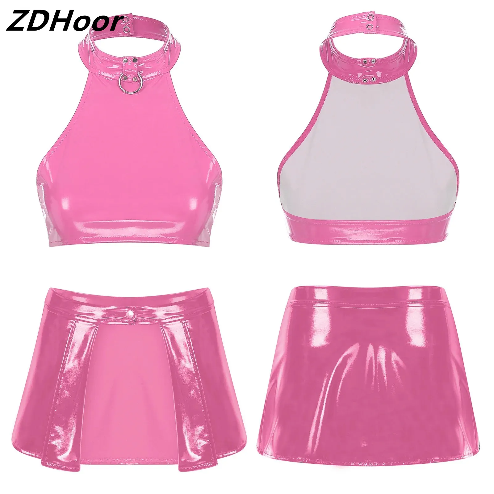 

Womens Patent Leather Lingerie Set Glossy O Ring Halter Backless Sleeveless Crop Top with Open Front Miniskirt Clubwear