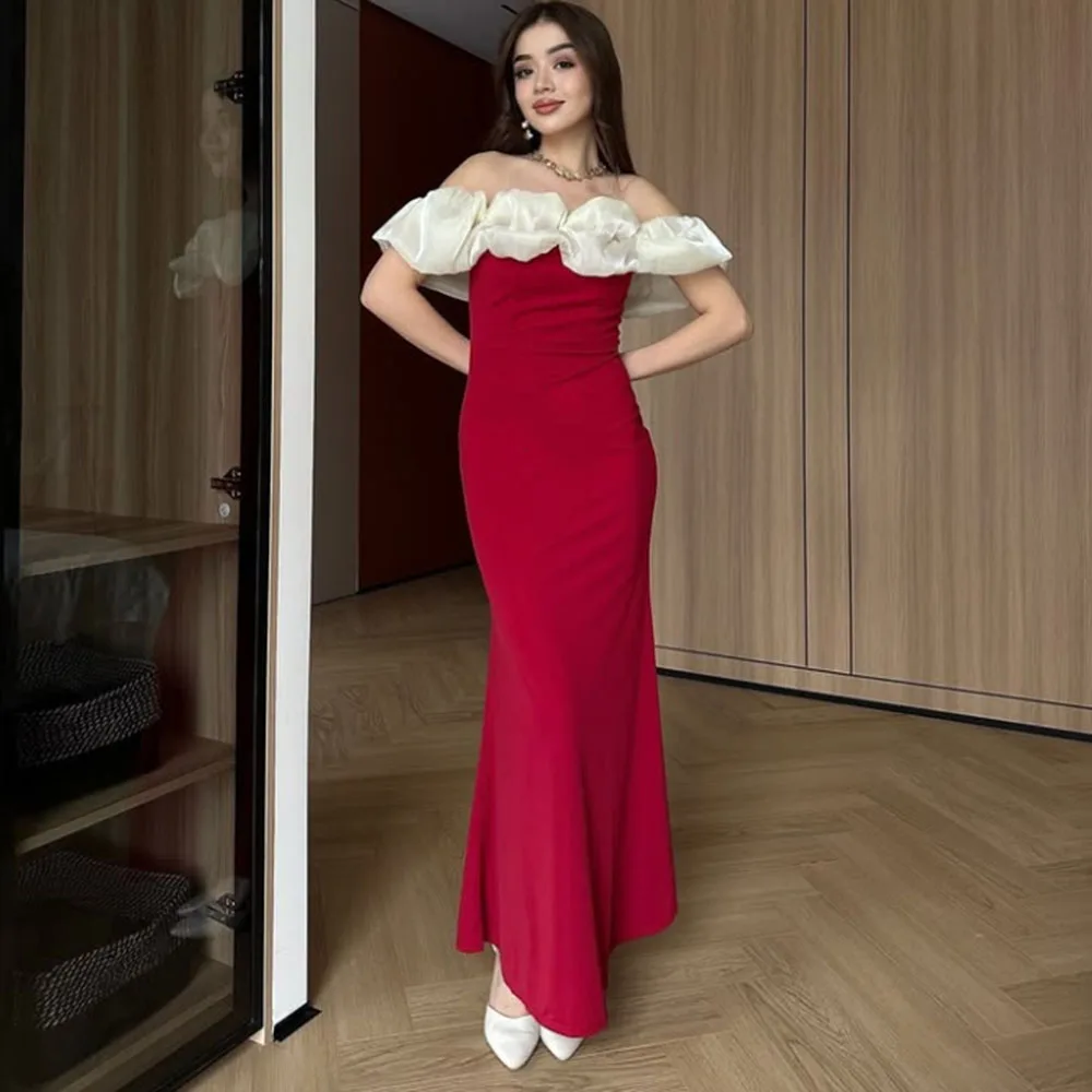 

Customized Off the Shoulder Mermaid Jersey Evening Dress Sleeveless Ankle Length Party Dress Simple Backless Pleat Prom Gowns