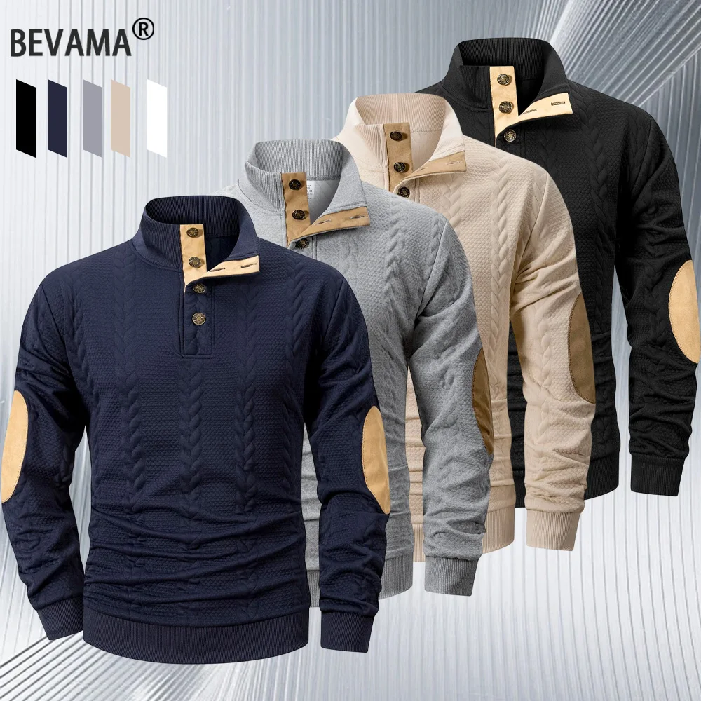 

Autumn/Winter Men's Casual Long-Sleeved Sweaters Button Stand-up Collar Knitted Jacquard Pullover Outdoor Warm Sweatshirts Top