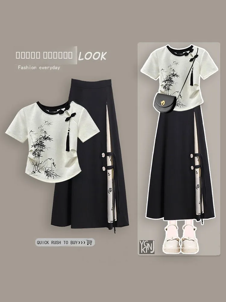 New Chinese Sle ort Sve T-irt Women's High Waist Patchwork Skirt Summer Faionable Lacape Print Top Bot Ensemble