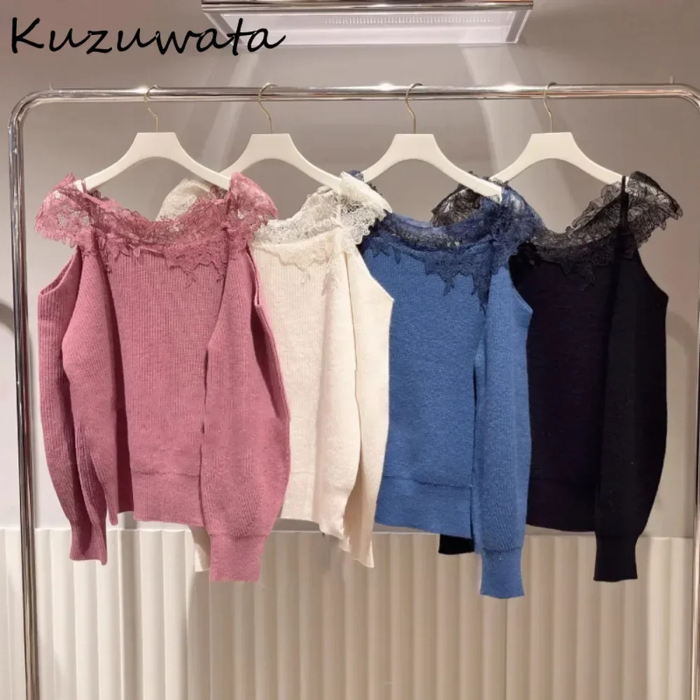 

Kuzuwata Winter New Sweet Slash Neck French Style Pullovers Lace Off Shoulder Minority Gentle Tops Japan Office Lady Girl Jumper