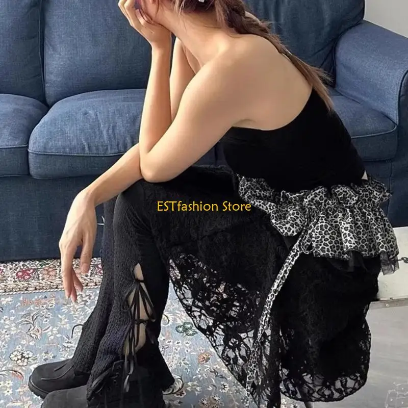 Y5GC Ruffled Elastic Skirt Extender Leopard Print Mesh Layer Street