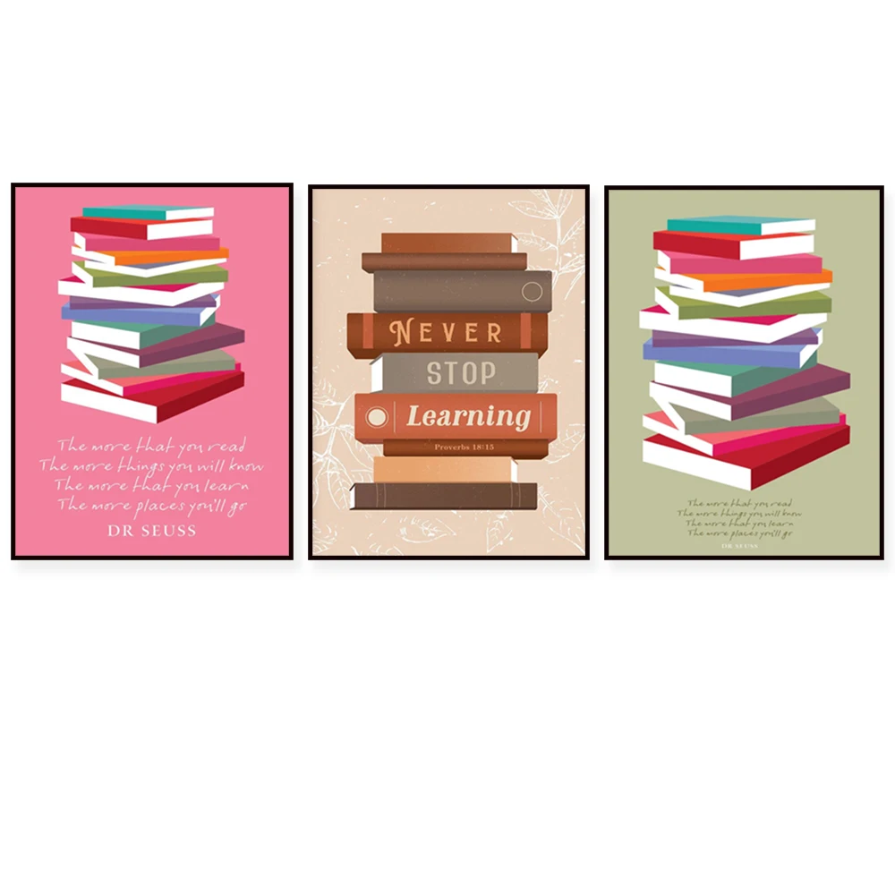 Stacked Books Poster, Dr. Suess Quote Bookshelf Wall Art, Never Stop Learning, Inspirational Art Poster | Stacked Books