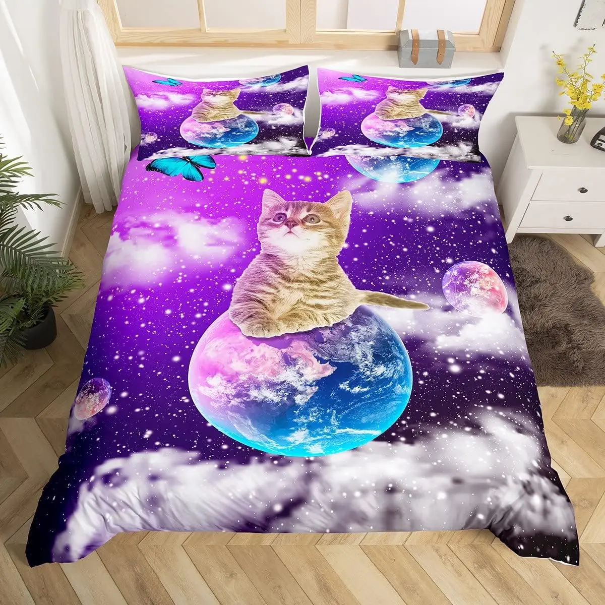 Cute Cat Bedding Set Single Size Purple Galaxy Starry Sky Duvet Cover Set 3pcs Kitten Planet Cosmic Quilt Cover Room Decor