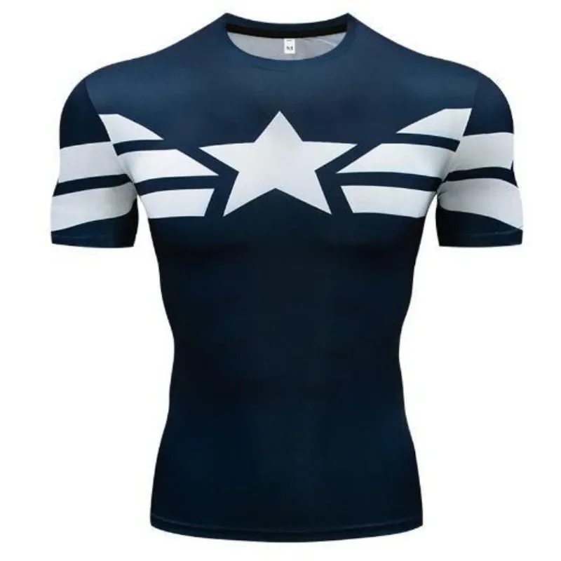 New Avengers: Captain America 3D Printed Fish Scale Battle Suit Marvel T-shirt Men\'s Short Sleeved Sports Fitness Bodysuit