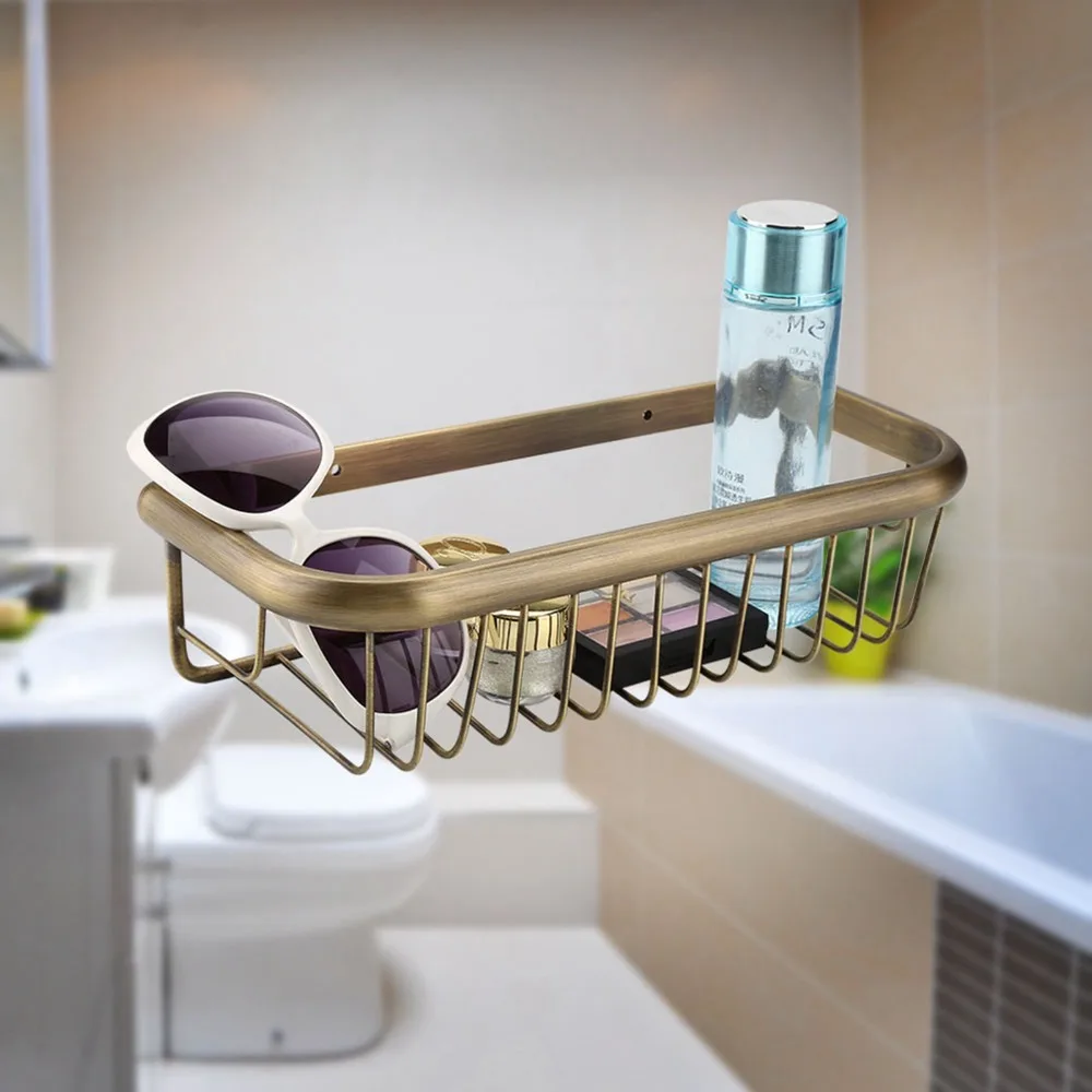 Durable Copper Shower Basket Brass Antique Design Shower Caddy Basket Practical Wall Mount Shampoo Storage Holder Space Saving