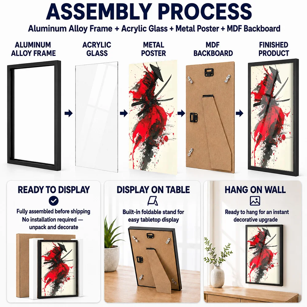 Red And Black Samurai Ink Framed Metal Poster Personalized Photo Dynamic Fight Style Wall Art For Dojo Special Instructor Gift