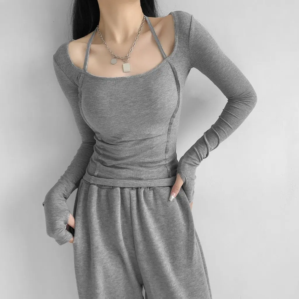 

Women's American-Style Thread U-Collar Halter Long-Sleeved Top Slimming Bottoming T-Shirt Sexy Tight Inner Wear for Autumn