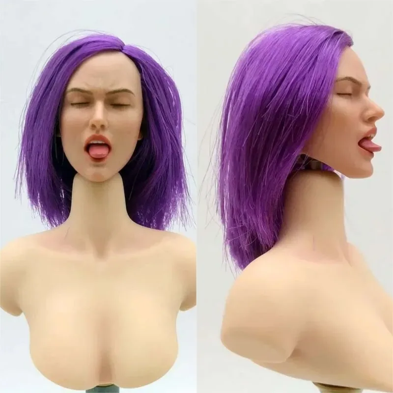 

1/6 Scale Purple Short Hair European Head Carving Tongue Expression Girl Suntan Head Played for 12in Action Figure PH Tbl Dolls