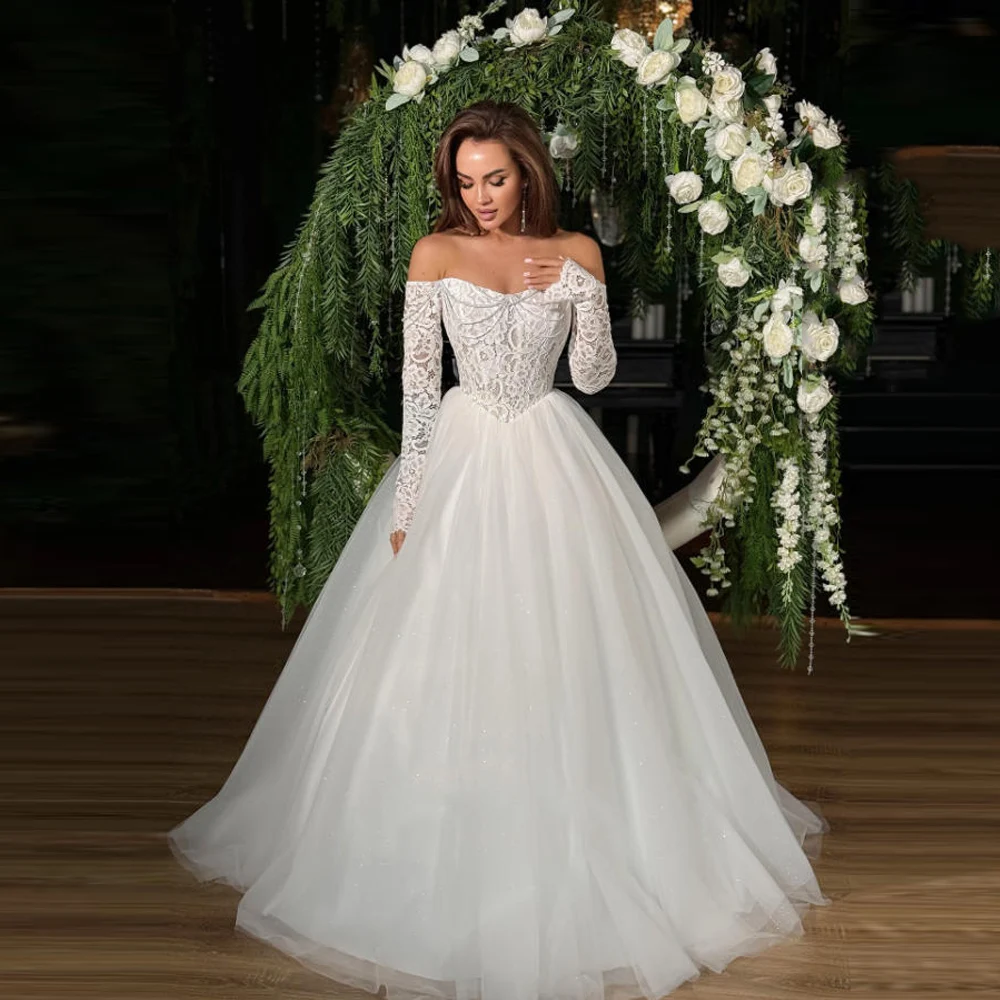Mulheres elegantes vestidos de casamento elegante renda applique a linha tule vestidos de noiva noivado banquete vestidos de novias personalizado