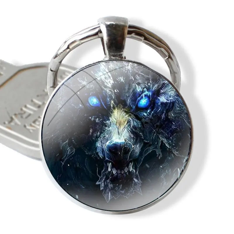 Design Keychain Glass Cabochon Metal Pendant Classic Men's Women's Keyring angry snow wolf