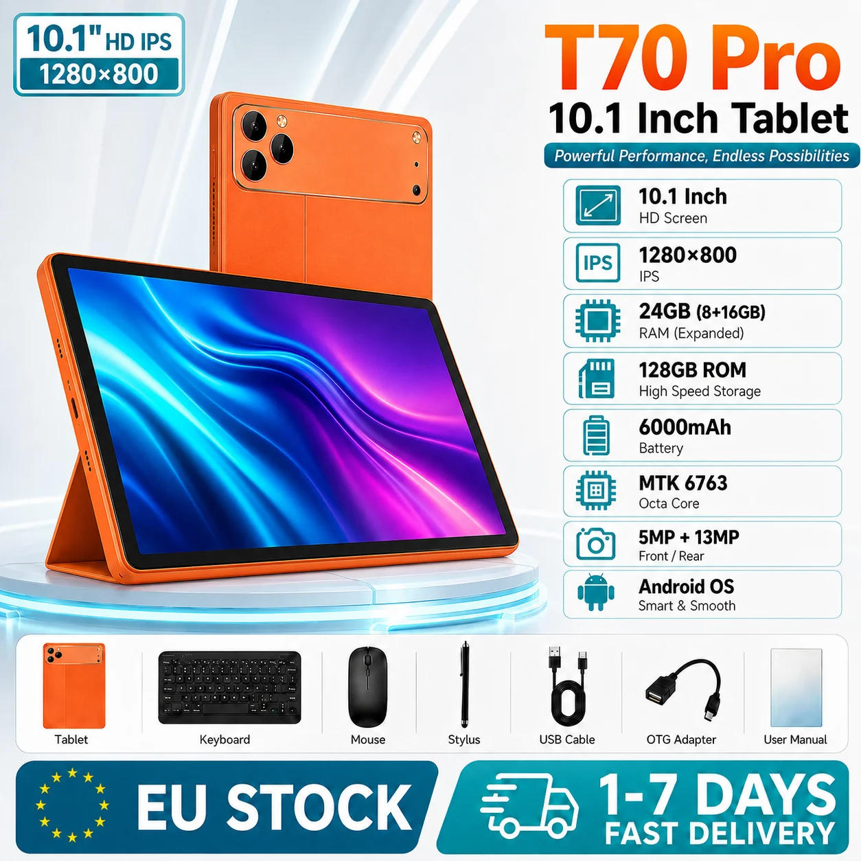 Tablette PC KOOMDIGI T70 Pro 10,1 pouces Android 13, 24 Go de RAM (8 Go + 16 Go étendus), 128 Go de ROM, processeur MTK6763 Octa Core, 4G LTE, WiFi 2,4G+5G, écran HD IPS 1280×800, double appareil photo 5MP+13MP, batterie 5000 mAh