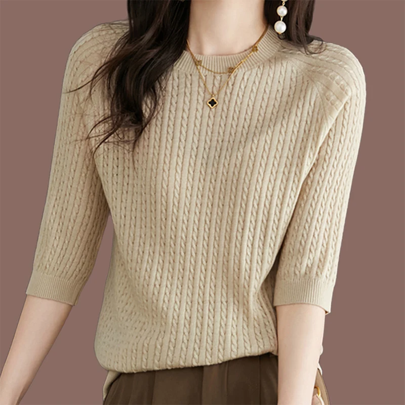 Spring Summer Round Neck Solid Simple 3/4 Sleeve Sweaters Ladies Loose Casual Fashion All-match Pullover Top Women Jumper Tee