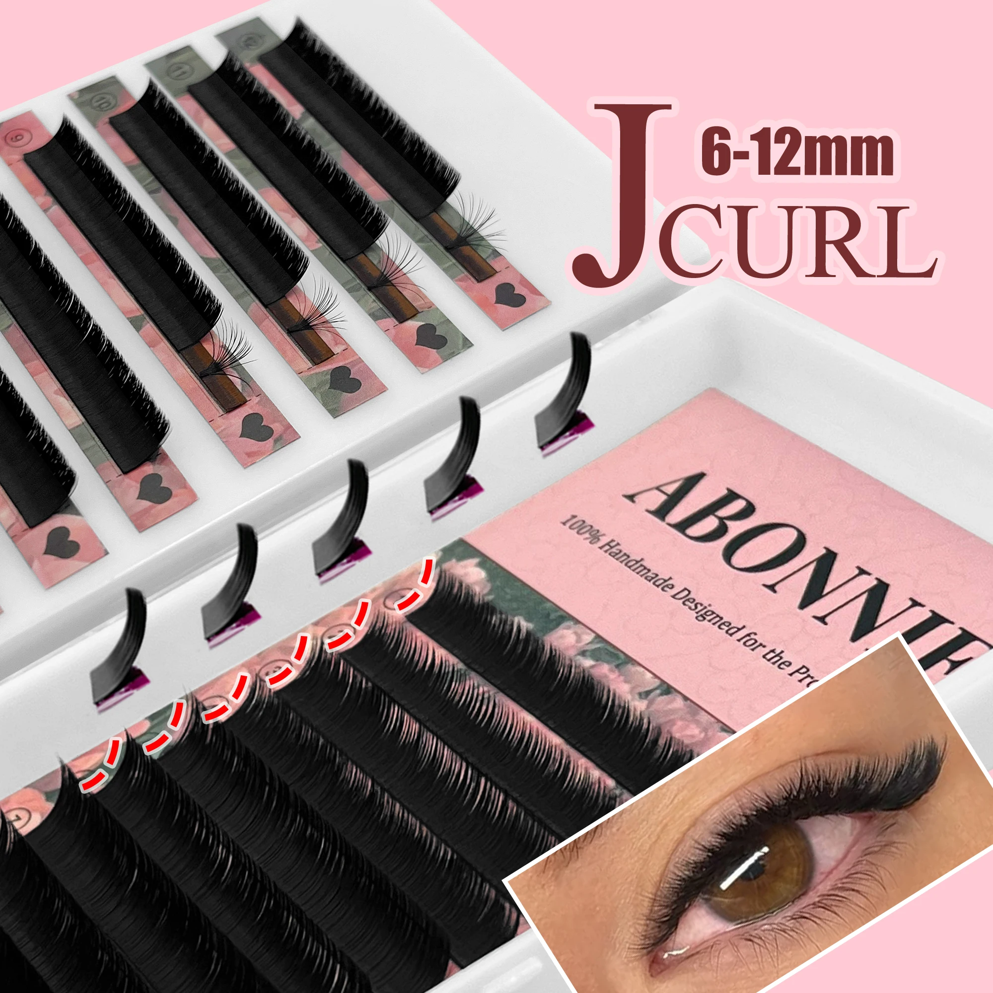 ABONNIE J Curl 6–12 mm Auto-Fächer-Unterwimpernverlängerung, einfacher Fächer, Mega-Volumen, falsche Wimpern, unteres Wimperntablett