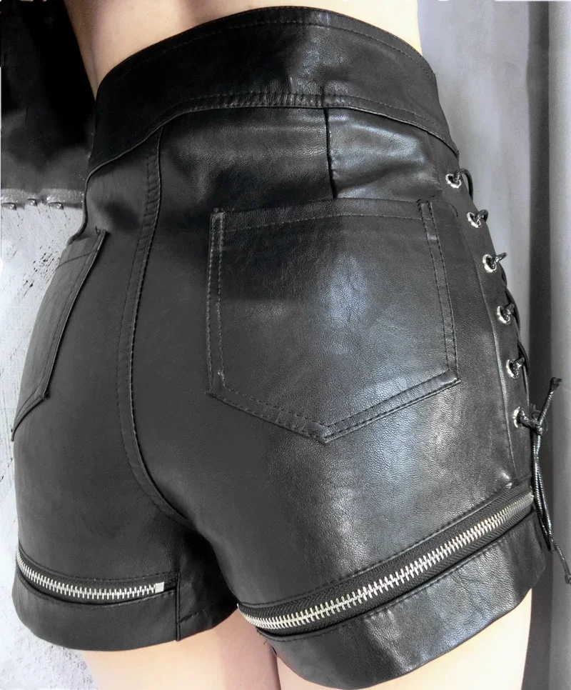 2022 Chic Bandage Zipper Hot Shorts Black PU Leather Shorts High Waist A-line Hollow Out Slim Wide Leg Women Shorts Plus Size