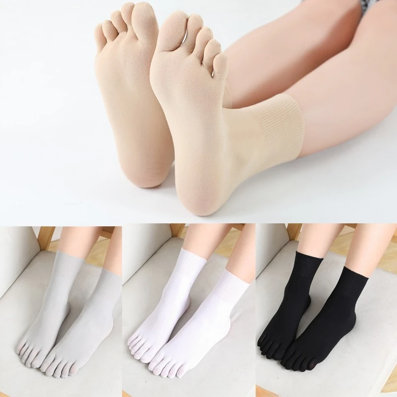 Women Men Unisex Thin Breathable Sweat-absorbing Short Hosiery Split-toed Socks Solid Color Nylon Causal Five Toe Mid Tube Socks