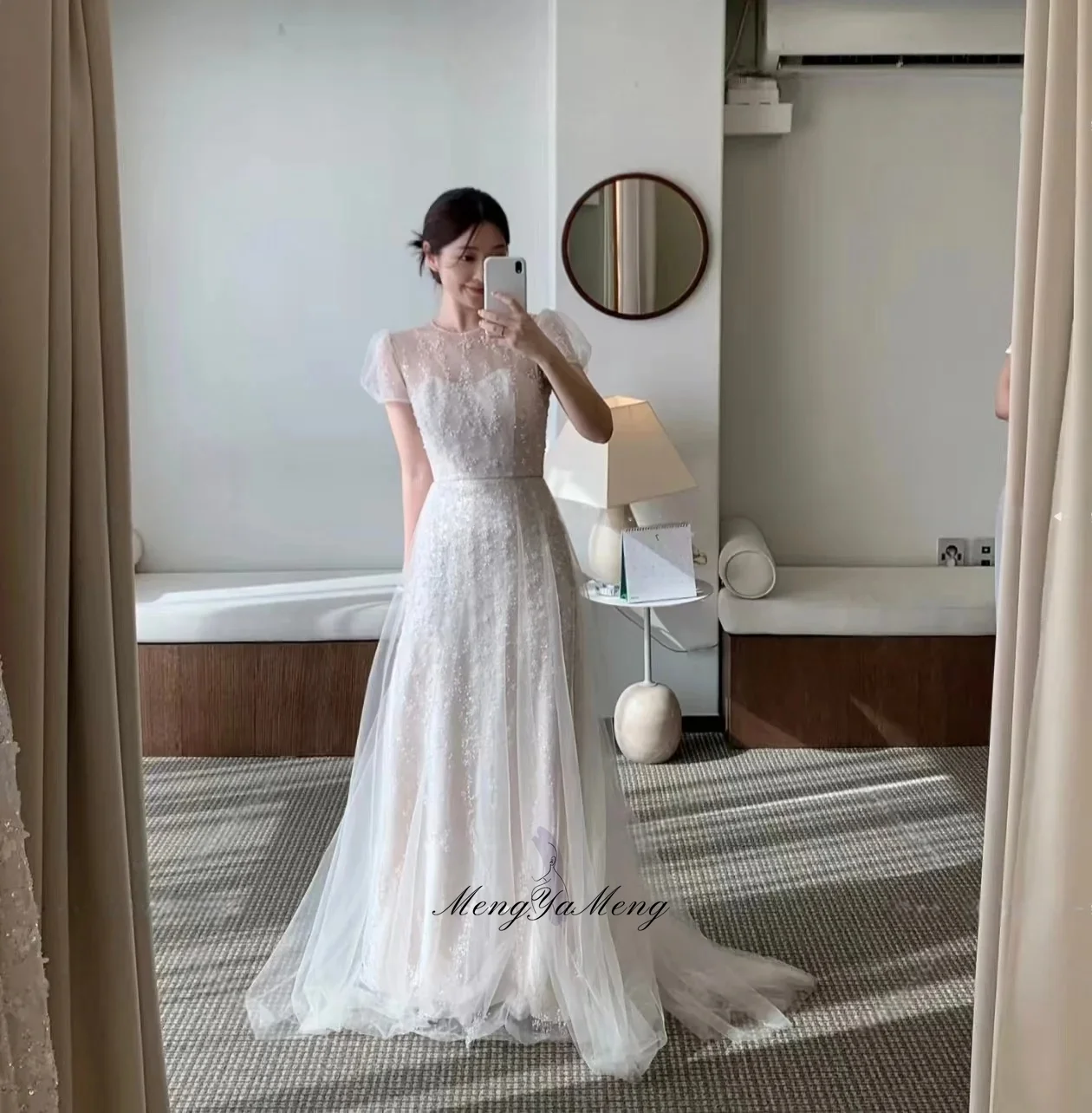 Charming Short Sleeves Wedding Party Dress Tulle A-Line Beads Korea Photo Shoot Bridal Reception Gown Customized 웨딩드레스 image 3