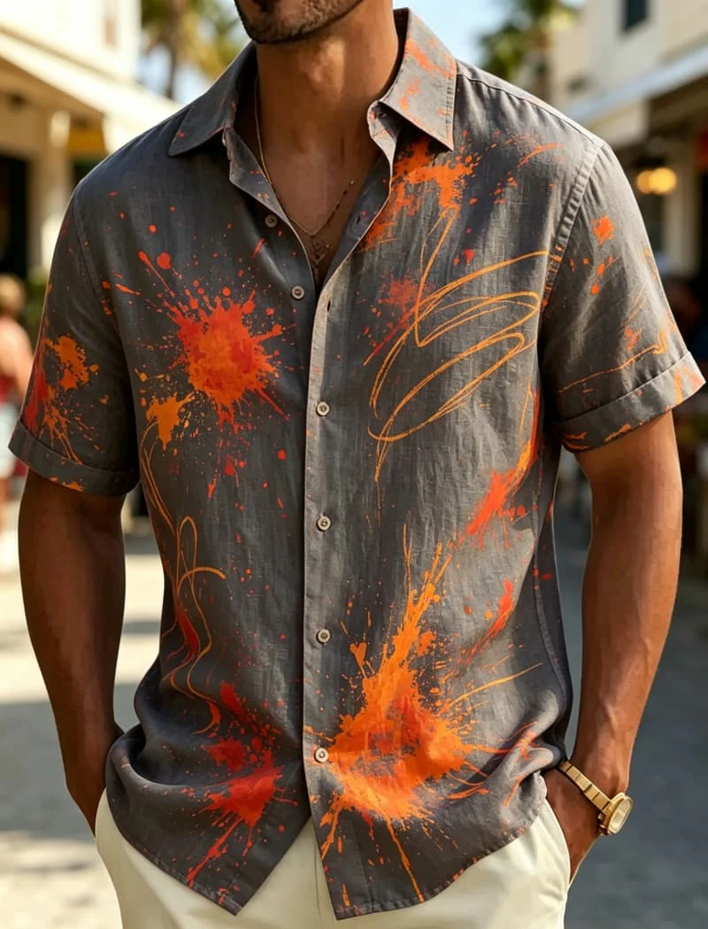 Men's Shirt Graffiti Splash Ink Print Short Sleeve Button Down Shirts Turn Collar Summer Beach Casual Tops Men Clothing