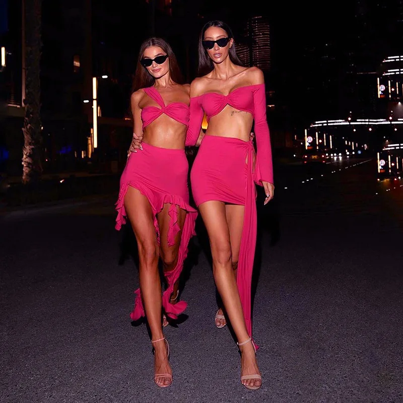 Hot Pink Women Prom Dress Sexy 2 Pieces Top Bra+Short Party Gown With Strap Full Sleeve Sheath Slim Fit Club Streetwear Robes