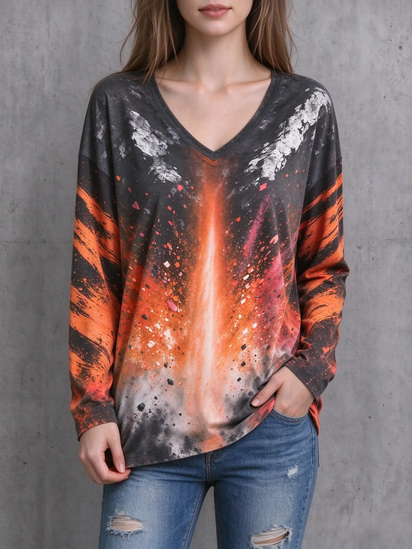 Women V Neck Long Sleeve T-shirt Pink Purple Galaxy Nebula Splash Ink Print Casual Tee Tops