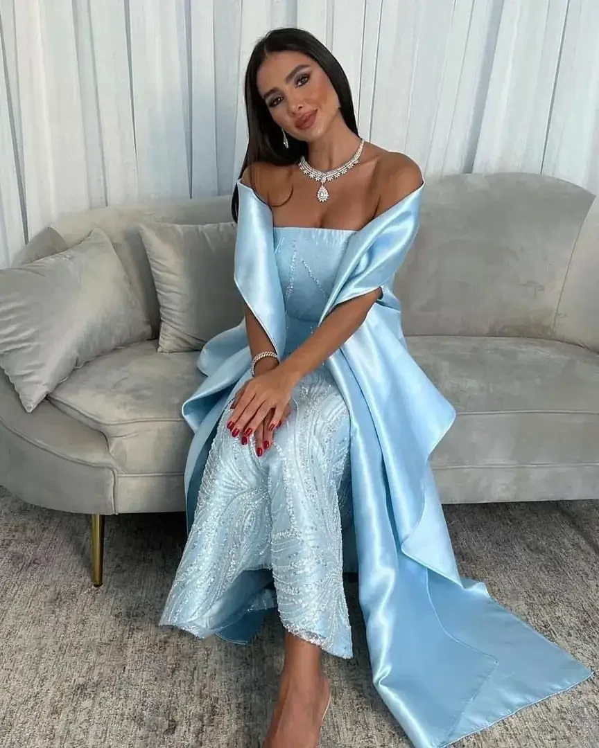 Blue Floor Length Prom Dress Strapless Sleeveless Elegant Evening Dresses Mermaid Saudi Arabia Women\'s Formal Dress Wedding