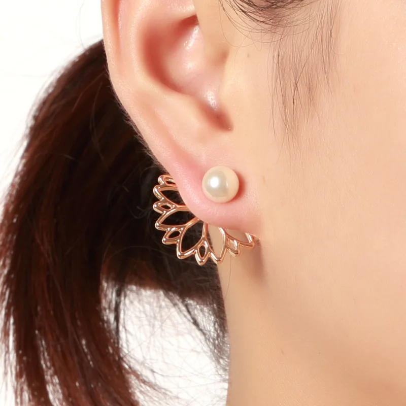 Two in One Hollow Lotus Flower Imitation Pearl Back Hang Post Stud Earring for Women Simple Creative Jewelry Girl Gift Brincos