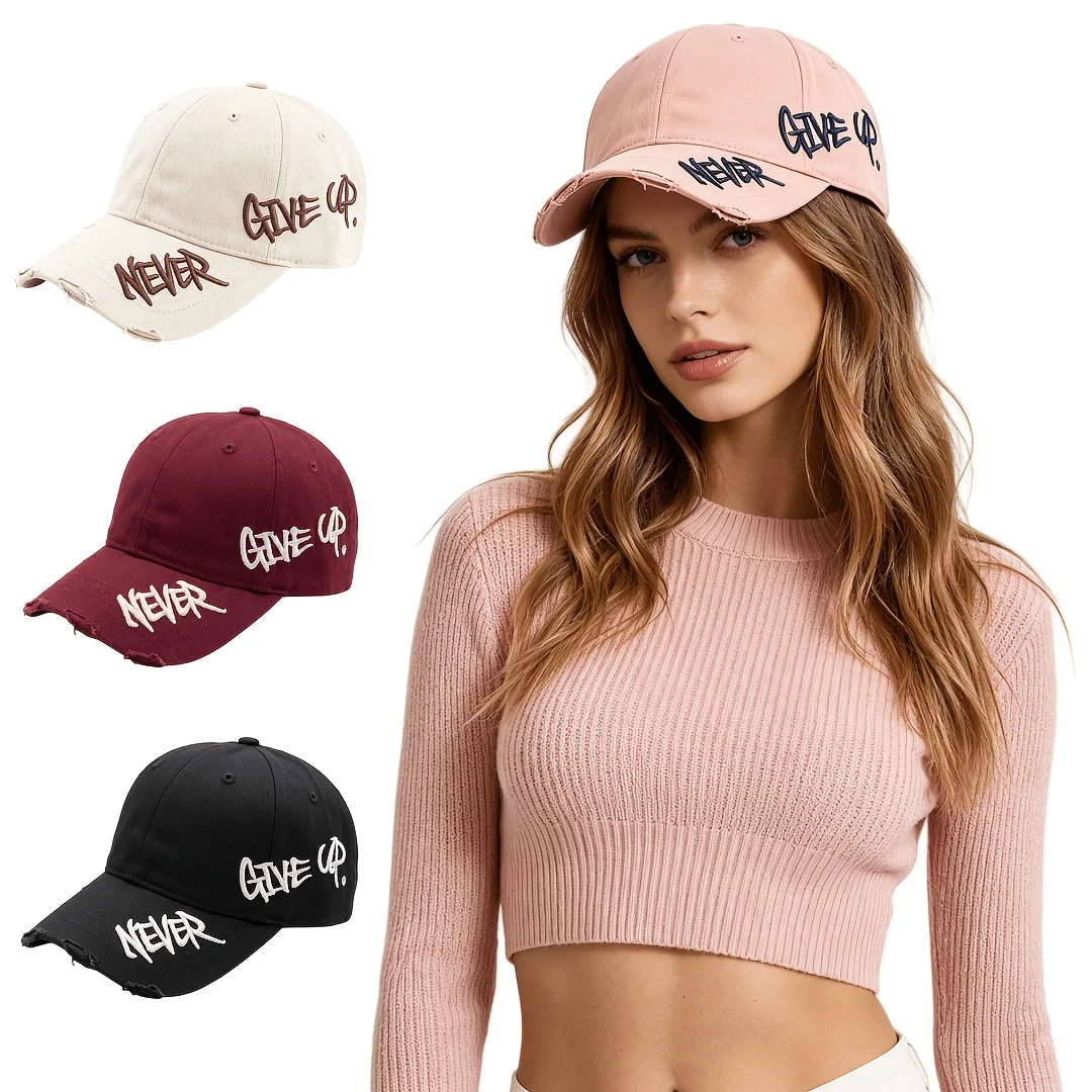 Distressed Baseball Cap with Embroidered Sides Versatile Streetwear Style Baseball Cap