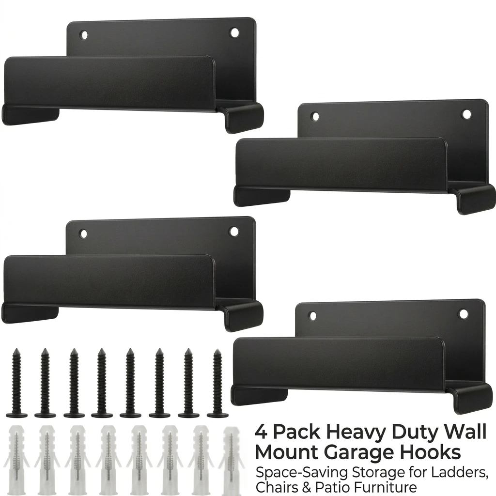 Heavy Duty Steel Ladder Hooks Wall Mount Garage Storage Hanger 4 Pack Space Saving Scratch Free for Folding Chairs Patio