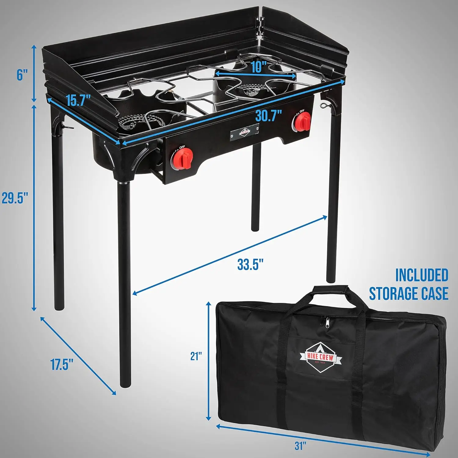 Crew Cast Iron Double-Burner Outdoor Gas Stove | 150,000 BTU Portable Propane Cooktop w/Blue Flame Control, Removable Legs, Temp