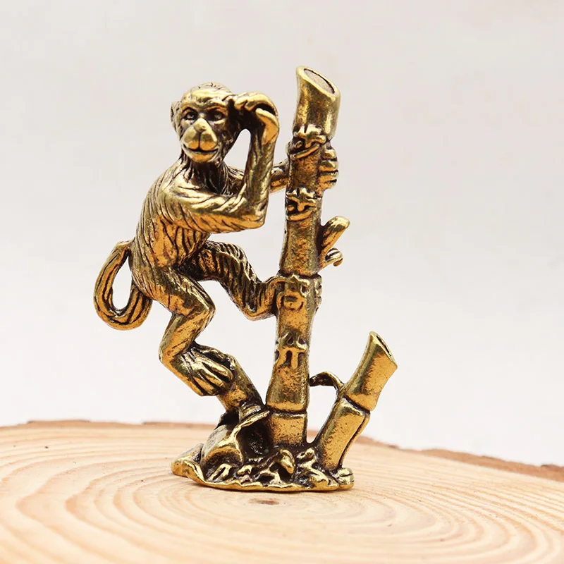 Brass Monkey Climbing Bamboo Pole Small Ornament Zodiac Animal Figurines Feng Shui Home Decor Crafts Desk Decoration Accessories