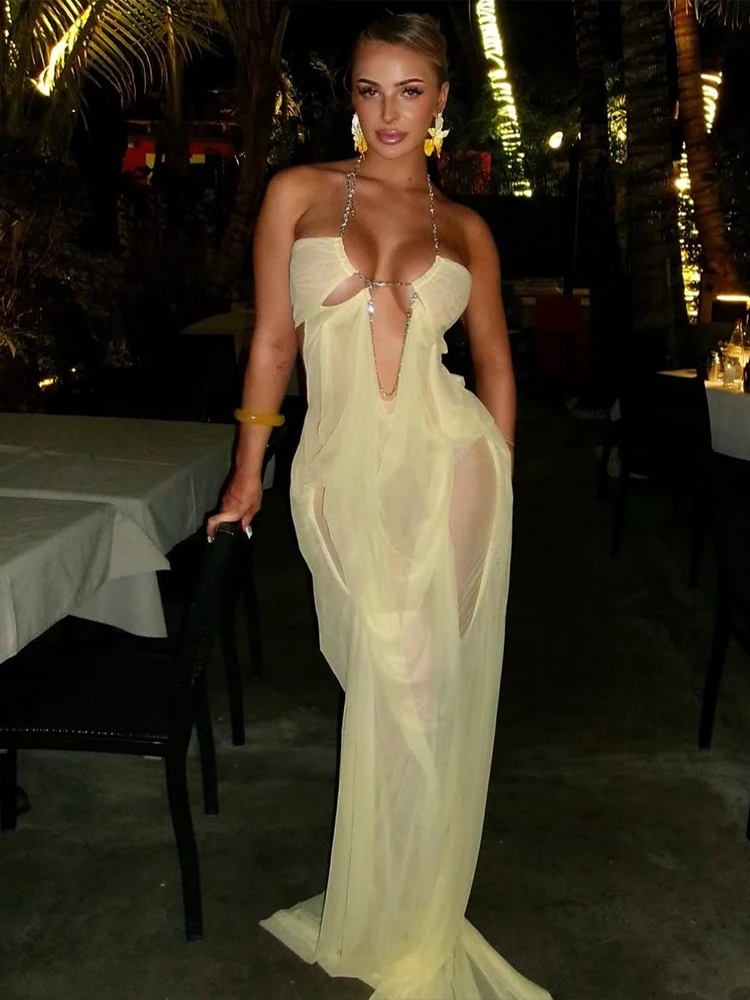 Whatiwear Abito di lusso Donna Sexy Vedere attraverso la catena Halter Collo basso Backless Senza maniche Prom Party Abiti eleganti di mezzanotte