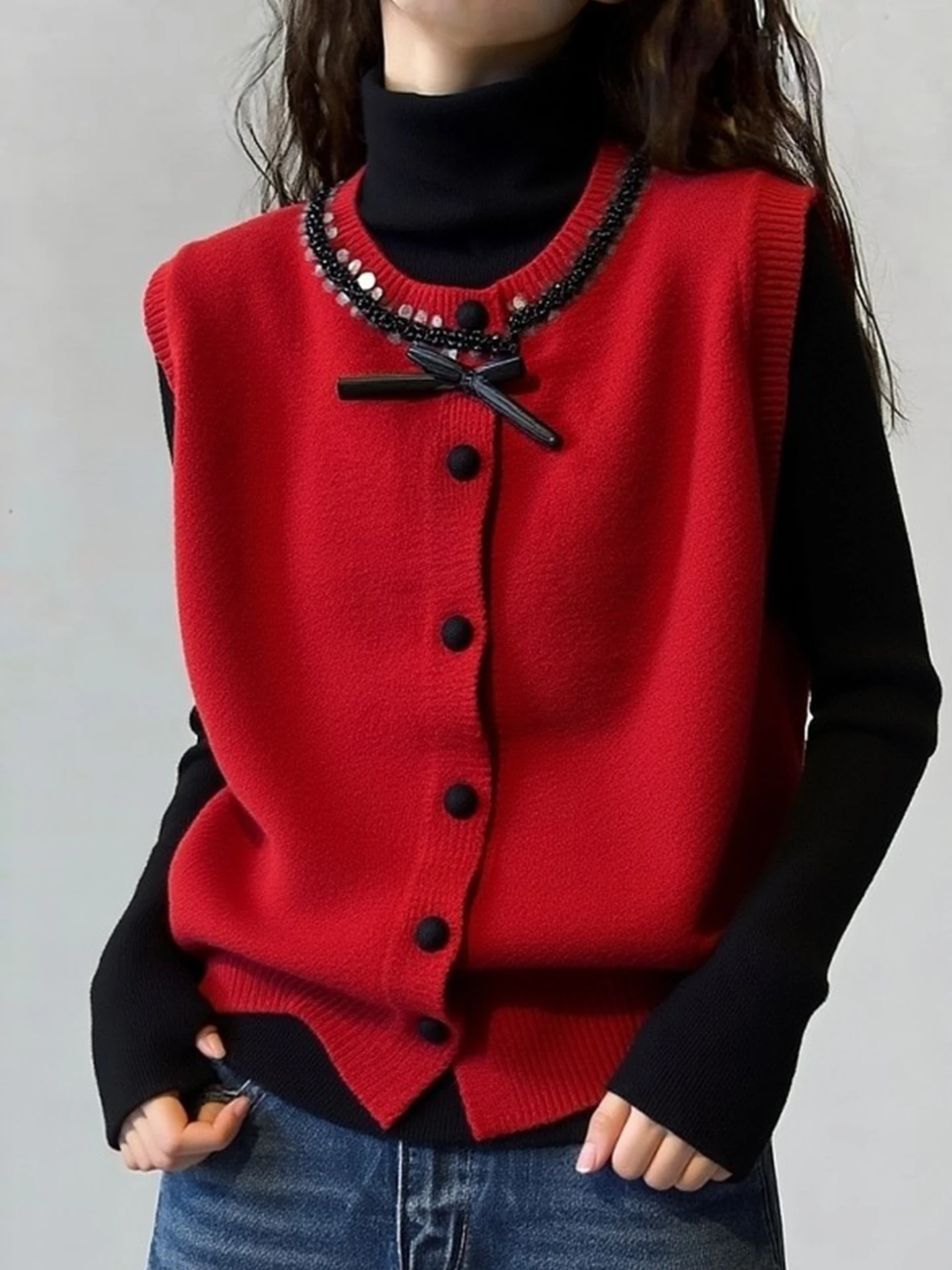 

Red Knitted Camere Loose Women's Vest Knot Design Cisas Red Outerwear Winter Layering Faion Commute Sle
